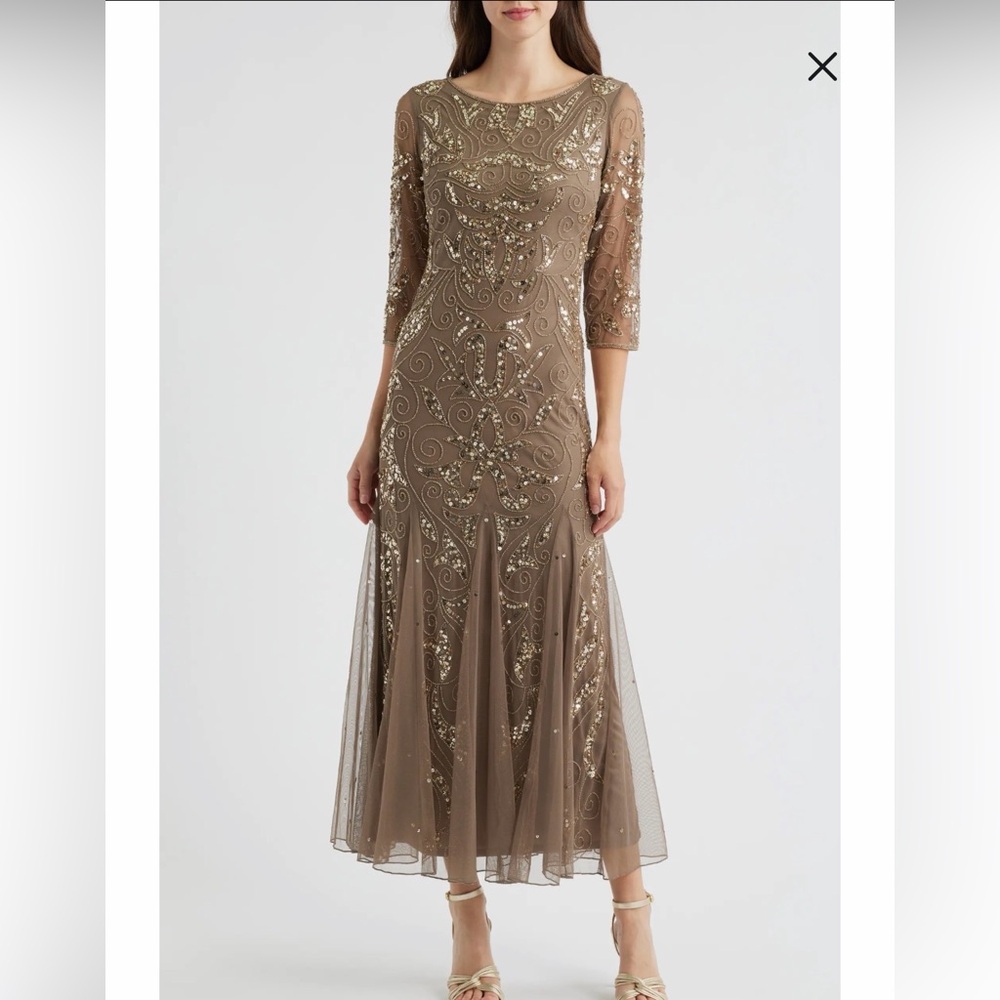 Pisarro Nights Taupe Beaded Long-Sleeve Evening Gown